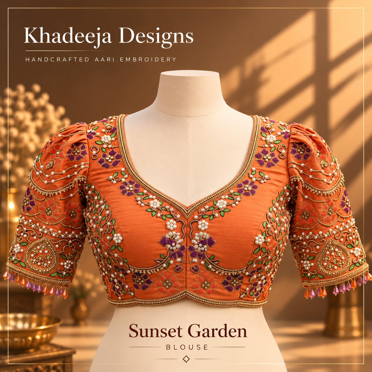 burnt orange with multicolour floral and gold accents Aari embroidered blouse design